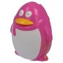 Reisetui voor lenzen, beeltenis Pinguïn roze bevat lenshouder, navulflesje en pincet.