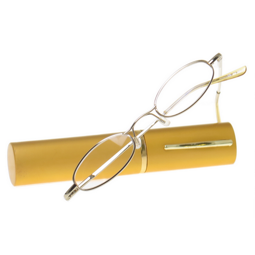 Mini leesbril goud/geel in metalen koker (+2.50 dpt.)