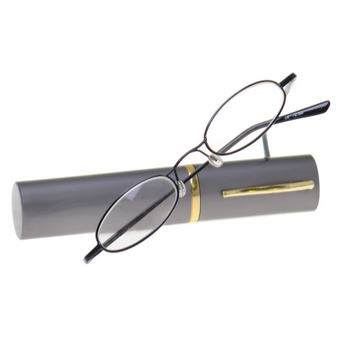 Mini leesbril gun/grijs in metalen koker +2.50 dpt.